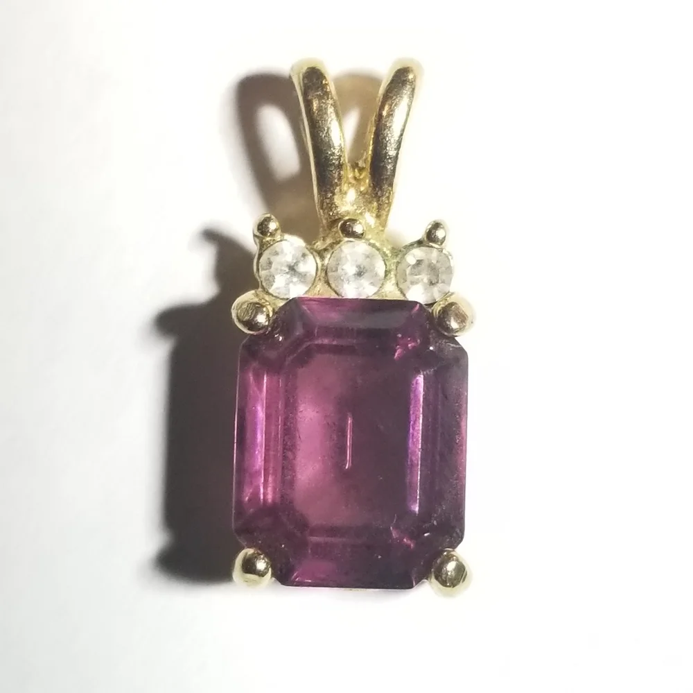 Purple gem pendant gold tone tiny dainty rectangular vintage
